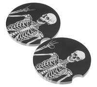 NUOBESTY 2pcs Ceramic Skull Coasters for Drinks, Gothic Cup Holder Inserts for Car and Home Use, Halloween Party Funny Ceramic Coasters with Spooky Skeleton Design