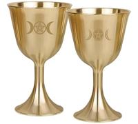 NUOBESTY 2pcs Golden Copper Multi-Function Drinking Cups Set, Wear-Resistant Three-Phase Moon and Pentagram Offering Cups for Desktop Use and Ritual Wine Serving
