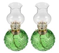 NUOBESTY 2Pcs Vintage Glass Kerosene Oil Lamps with Chimney, Retro Style Indoor Oil Lanterns for Tabletop Decor, Rustic Green Hurricane Lamps for Home, Camping, Christmas Parties