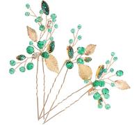 NUOBESTY 3Pcs U-Shaped Bridal Hair Pins with Green Leaf Design Crystal Wedding Hair Accessories for Brides Gold Tone Forks for Banquets and Formal Events