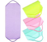 NUOBESTY 4Pcs Exfoliating Back Scrubber Towels Set with Stretchable Handles, Body Exfoliating Washcloths for Showering, Back and Neck Cleaning Cloths in Pink, Purple, Green, and Yellow