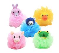 NUOBESTY 4Pcs Loofah Bath Sponge Cartoon Animal Shaped Shower Ball Body Scrubber Fiber Mesh Shower Puff for Exfoliating Soothe Skin Random Color