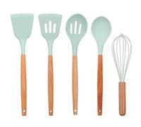 NUOBESTY 5pcs Kitchen Silicone Utensil Set with Wooden Handles Non-Stick Cooking Tools Including Egg Whisk and Spatula for Home Use with Hanging Hole for Easy Storage