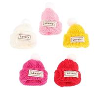 NUOBESTY 5pcs Mini Wool Yarn Knitting Hats DIY Craft Accessories for Dolls Christmas Tree Ornaments Tiny Handmade Decorations in Yellow Pink Red Rose White