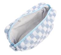 NUOBESTY Checkered Woolen Yarn Cosmetic Makeup Bag Large Capacity Travel Toiletry Pouch Blue and White Plaid Knitted Storage Organizer for Autumn and Winter
