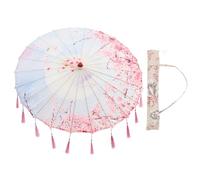 NUOBESTY Chinese Style Dance Prop Umbrella with Tassels 82Cm Pink Sakura Silk Cloth Parasol for Stage Performance Photography with Carry Bag