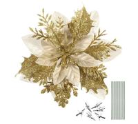 NUOBESTY Christmas Glitter Poinsettia Flowers, Gold Artificial Glitter Poinsettia Flowers Christmas Tree Flowers for Christmas Wedding Party Wreath with Stems and Clips 12pcs