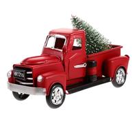 NUOBESTY Christmas Truck Red Model Vintage Metal Car Figurine Collectible Toy With Mini Christmas Tree For Table Top Ornament Decoration