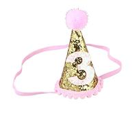 NUOBESTY Girl Hats 3rd Birthday Cone Hat Cap: Number Three Birthday Cap Pom Pom Party Hat Glitter Birthday Headwear Baby Shower Party Favors for Boys Girls Golden Kids Headband