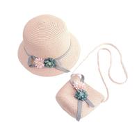 NUOBESTY Girls Straw Hat and Bag Flower Straw Cap Straw Shoulder Bag Summer Beach Sun Hat Bag for Little Girls Kids (Pink)