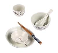 NUOBESTY Japanese Style Ceramic Tableware Household Kit for One Person with Plum Blossom Pattern Premium Porcelain Bowls Plates Cups Spoons Chopsticks Microwave and Dishwasher Safe