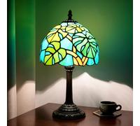 NUODITOS Tiffany Turtle Back Bamboo Palm Leaves Stained Glass Table Lamp Handmade Green Bedside Table Night Unique Cute Accent Nightstand Light Antique Art Craft Gifts Lamp for Home Office