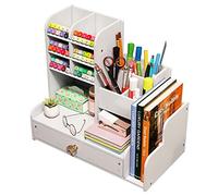 NUODWELL Desktop Stationary Organiser with Drawer, DIY White Pencil Holder Desk Tidy Caddy Art Supply Organizer for Home, Office and School