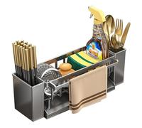 NUODWELL Kitchen Sink Organiser, Self-draining Sponge Holder with Brush Holder and Dishcloth Holder, Washing Up Utensil Caddy, Universal Sink Tidy Organizer, for Kitchen, Bathroom (Grey)