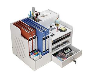 NUODWELL White Desktop Organiser, Desk File Organiser Office Stationery | Large Capacity Desk Tidy Storage Rack Sorter for A4 Papers, Pens, Books, Letters and Documents (PB07-2)