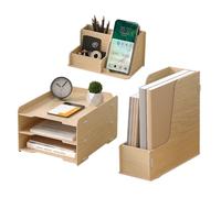 NUODWELL Wooden Desk Tidy Organiser Set -3 Tier Paper Letter Tray/A4 File Document Holder/Pen Holder, Desktop Organizer and Storage for Office Supplies (Oak)