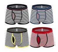 Nuofengkudu 4 Pack Boxers Shorts Mens Briefs Trunks Striped Open Fly Pouch Multi Pack Breathable Comfortable Stretch Cotton No Ride Up Underpants Assorted Colors Size XXL Waist 37"-41" (Trunks-1)