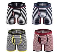 Nuofengkudu 4 Pack Large Boxer Shorts Mens Briefs Striped Open Fly Pouch Multi Pack Breathable Comfortable Stretch No Ride Up Cotton Boxers Shorts Trunks Size 5XL Waist 47"-49" (Pattern A)