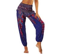Nuofengkudu Baggy Aladdin Hippie Pants for Women Boho Patterned Elasticated High Waist Purple Peacock Print Lightweight Harem Pyjama Trousers for Yoga Beach Vocation(Size: One Size)