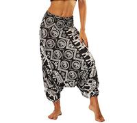 Nuofengkudu Baggy Harem Pants for Women Boho Vintage Black Elephant Patterned Elasticated High Waist Comfortable Low Crotch Hippie Thai Trousers for Yoga Summer Beach Party(Size: One Size)