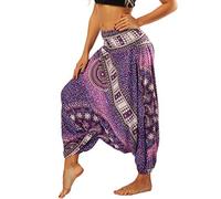 Nuofengkudu Baggy Harem Pants for Women Boho Vintage Floral Patterned Elasticated High Waist Soft Yoga Low Crotch Thai Hippie Trousers Summer Beach Party Travelling Purple