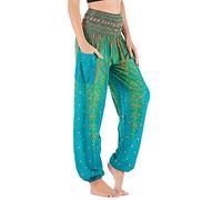 Nuofengkudu Baggy Harem Yoga Pants for Women Bohemian Patterned Elasticated High Waist Comfortable Trousers Summer Beach Lounge(Green Peacock,One Size)
