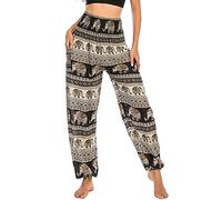 Nuofengkudu Baggy Harem Yoga Pants for Women Pocket Boho Patterned Smocked High Waisted Relaxed Flowy Trousers Summer Beach(X-Elephant Black,One Size)