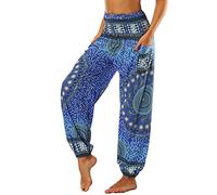 Nuofengkudu Baggy Hippie Pants for Women Boho Vintage Floral Print Patterned Elasticated High Waist Soft Harem Yoga Trousers Summer Beach Party Travelling Blue
