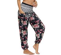 Nuofengkudu Baggy Hippie Pants for Women Boho Vintage Patterned Elasticated High Waist Comfortable Harem Trousers for Yoga Summer Beach Party,Rose Floral One Size