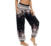 Nuofengkudu Baggy Hippie Pants for Women Boho Vintage Patterned Elasticated High Waist Comfortable Harem Trousers for Yoga Summer Beach Party White Floral One Size