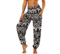 Nuofengkudu Baggy Hippie Thai Pants for Women Boho Vintage Patterned Elasticated High Waist Black Elephant Print Comfortable Harem Trousers for Yoga Summer Beach Party(Size: One Size)
