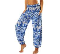 Nuofengkudu Baggy Hippie Thai Pants for Women Boho Vintage Patterned Elasticated High Waist Blue Elephant Print Comfortable Harem Trousers for Yoga Summer Beach Party(Size: One Size)