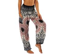 Nuofengkudu Baggy Hippie Thai Pants for Women Boho Vintage Patterned Elasticated High Waist Grey Flower Print Comfortable Harem Trousers for Yoga Summer Beach Party(Size: One Size)