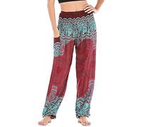 Nuofengkudu Baggy Hippy Harem Yoga Pants for Women Pocket Bohemian Patterned Elastic High Waist Relaxed Flowy Trousers Summer Beach Lounge Holiday(Wine Red Round,One Size)