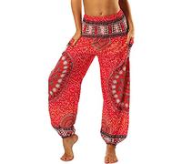 Nuofengkudu Baggy Trousers for Women Hippie Patterned Harem UK Boho Vintage Elasticated High Waist Soft Relaxed Capri Yoga Pants Walking Summer Beach Holiday,Red Flower