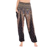 Nuofengkudu Baggy Yoga Pants for Women Boho Patterned Elasticated High Waisted Comfortable Harem Trousers Summer Beach Holiday(Black Peacock,One Size)