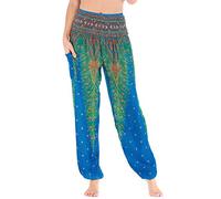 Nuofengkudu Baggy Yoga Pants for Women Boho Patterned Elasticated High Waisted Comfortable Harem Trousers Summer Beach Holiday(Blue Peacock X,One Size)