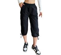 Nuofengkudu Black Summer Cropped Trousers 3/4 Length Cut Off Wide Leg Elasticated Waist Drawstring 6 Utility Pockets Ladies Capri Pants Stretchy Teen Girls Cargo Shorts Joggers Athletic Travel L