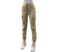 Nuofengkudu Cargo Petite Trousers Women Short Leg Cuffed Hem Elasticated High Waisted Stretchy Harem Joggers Pants with 4 Flap Pockets Casual Teen Girls Y2K Streetwear Work Bottoms Khaki L