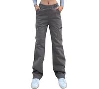 Nuofengkudu Cargo Trousers Women Combat Zipper Pockets Stretch Straight Wide Leg Ladies Elasticated Waist Work Pants Teen Girls Loose Y2K Gothic Vintage Pull on Bottoms Streetwear Casual Grey XL