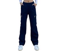 Nuofengkudu Cargo Trousers Women Combat Zipper Pockets Stretch Straight Wide Leg Ladies Elasticated Waist Work Pants Teen Girls Loose Y2K Gothic Vintage Pull on Bottoms Streetwear Casual Navy Blue L