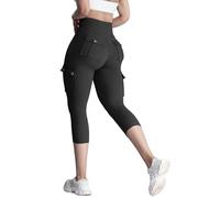 Nuofengkudu Cropped Leggings for Women UK High Waisted Cargo Pockets Tummy Control Walking Ladies Cut off Legging 3 Quarter Length Tights Joggers Soft Capri Crop Pants Sports Gym Black 2XL