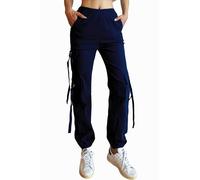 Nuofengkudu Cuffed Cargo Trousers Women Elasticated High Waisted 5 Pockets Ladies Harem Joggers Pants Pull On Stretchy Work Combat Bottoms Vintage Casual Fashion Outdoor Y2K Clothes Streetwear Navy L
