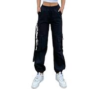 Nuofengkudu Cuffed Cargo Trousers Women Elasticated High Waisted 5 Pockets Ladies Harem Pants Pull On Stretchy Work Combat Bottoms Vintage Casual Fashion Outdoor Y2K Clothes Streetwear Black XL
