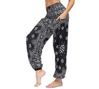 Nuofengkudu Harem Baggy Trousers for Women UK with Pockets Hippy Boho Patterned Ethnic Elasticated High Waist Soft Relaxed Capri Lounge Yoga Pants Walking Summer Beach Holiday,Y-Black C