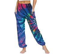 Nuofengkudu Harem Baggy Trousers for Women UK with Pockets Hippy Boho Patterned Vintage Elasticated High Waist Comy Relaxed Leisure Lounge Yoga Pants Walking Summer Beach Holiday,Tie-Dyed B