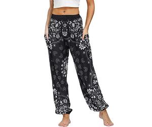 Nuofengkudu Harem Baggy Trousers for Women UK with Pockets Hippy Boho Patterned Vintage Elasticated High Waist Comy Relaxed Leisure Lounge Yoga Pants Walking Summer Beach Holiday,Retro Flower