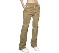 Nuofengkudu Khaki Womens Work Trousers Cargo Stretch Loose Fit Elasticated High Waisted Drawstring Combat Pants Straight-Leg Utility Pockets Y2K Teen Girls Punk Streetwear Casual Bottoms L