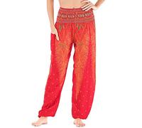 Nuofengkudu Ladies Baggy Yoga Pants Boho Patterned Elasticated High Waisted Comfortable Harem Trousers Summer Beach Holiday Lounge Wear(Orange Red Peacock,One Size)