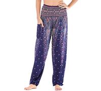 Nuofengkudu Ladies Baggy Yoga Pants Boho Patterned Elasticated High Waisted Comfortable Harem Trousers Summer Beach Holiday Lounge Wear(Blue Purple Peacock,One Size)